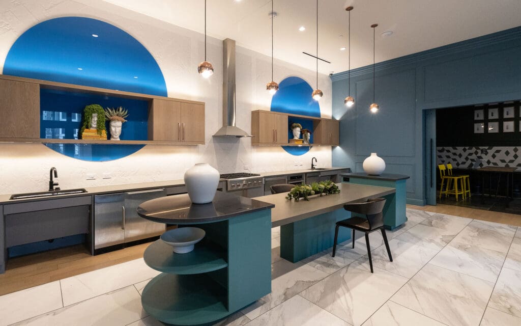 Dreamwalls blue backpainted glass circles at The Margo Apartments in TX-02