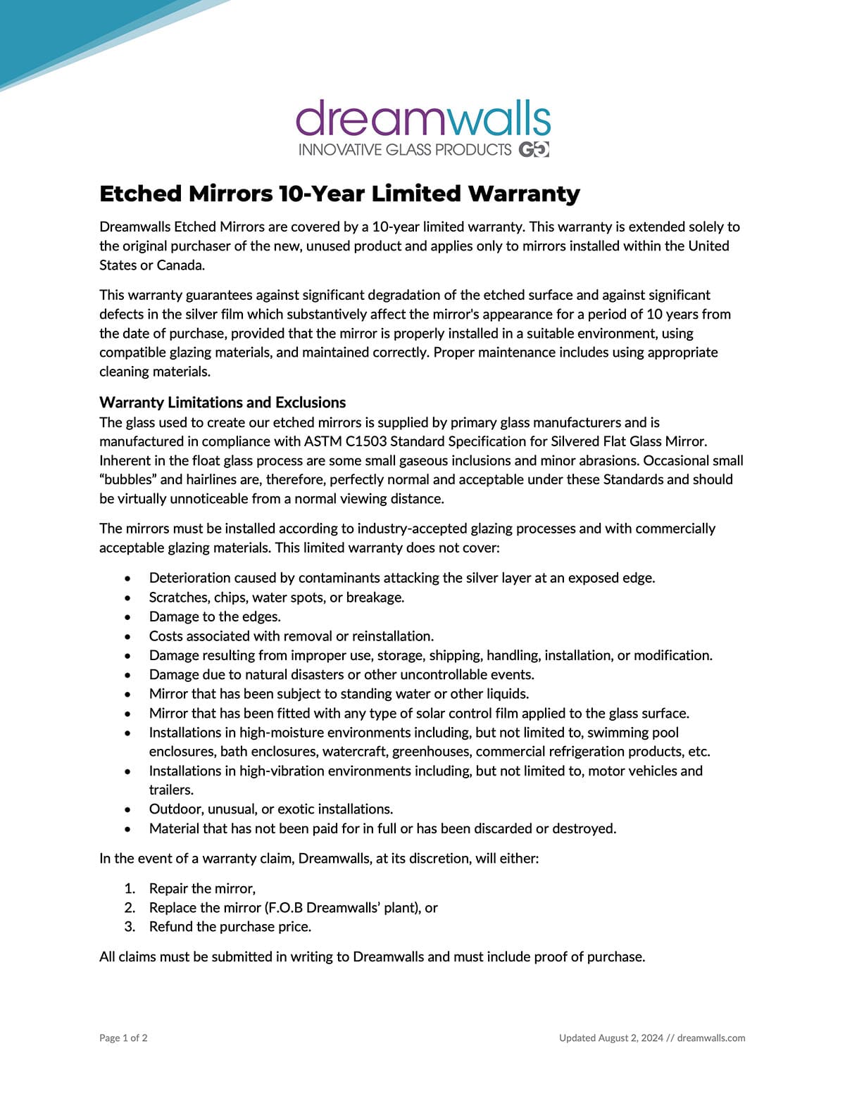 Etched Mirrors 10-Year Limited Warranty-Dreamwalls