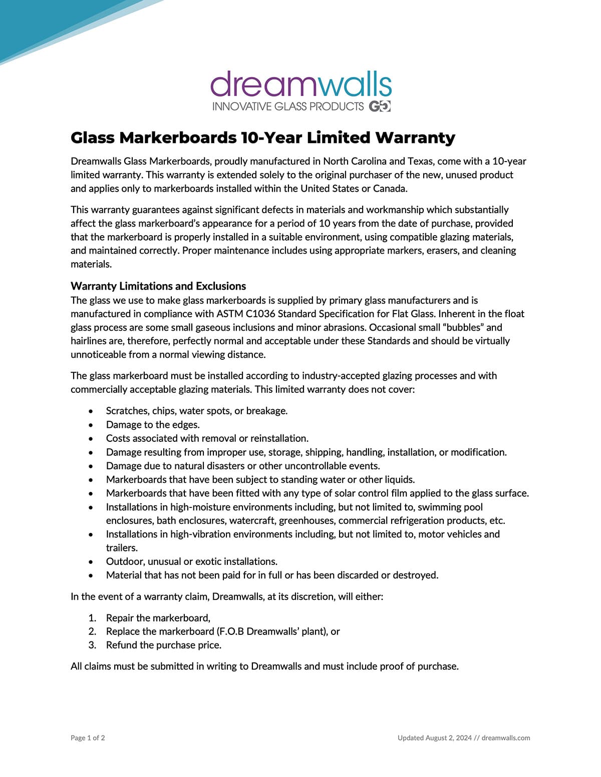 Glass Markerboards 10-Year Limited Warranty-Dreamwalls