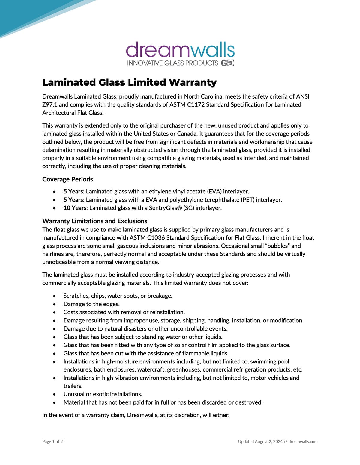 Laminated Glass Limited Warranty-Dreamwalls
