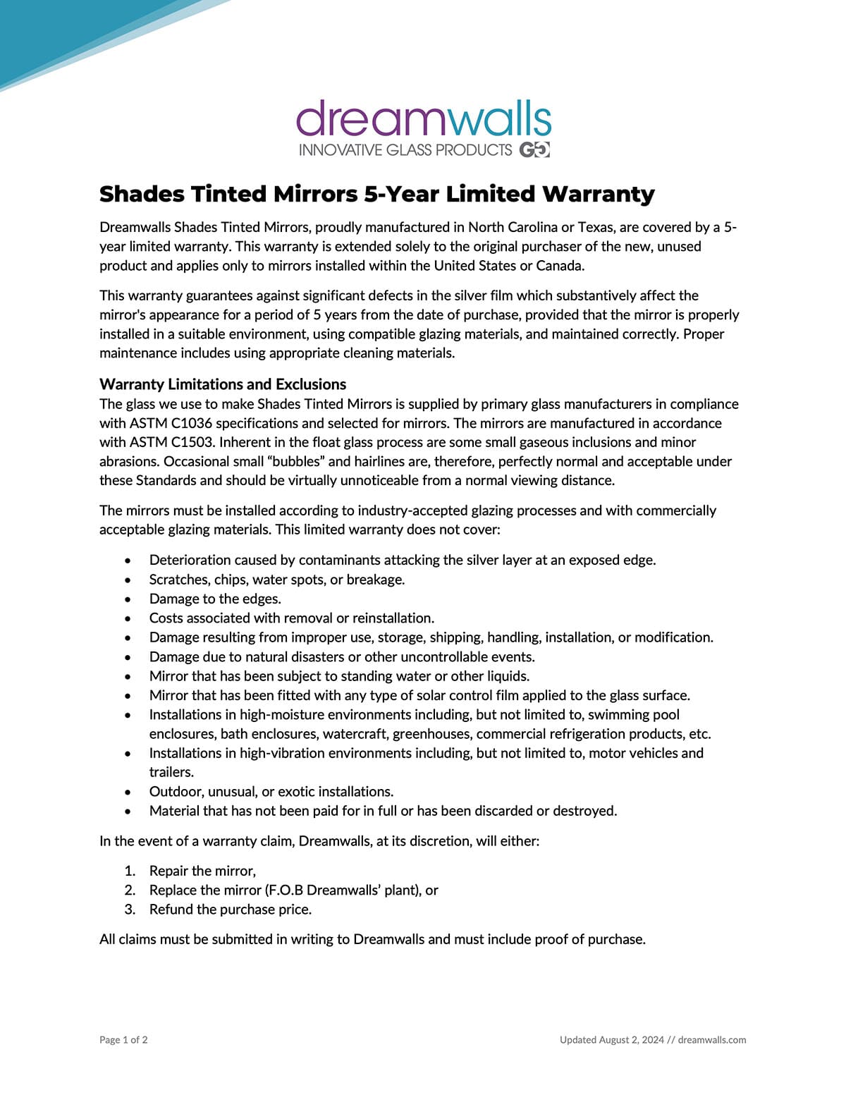 Shades Tinted Mirrors 5-Year Limited Warranty-Dreamwalls