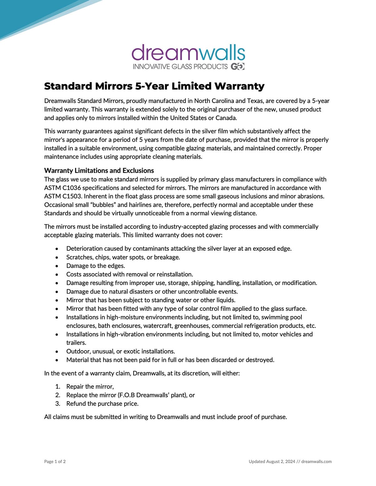 Standard Mirrors 5-Year Limited Warranty-Dreamwalls